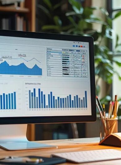 a sleek, modern office workspace featuring a high-resolution computer screen displaying an analytics dashboard, surrounded by notepads and a digital tablet, emphasizing the technical and analytical aspects of a surfer seo review.